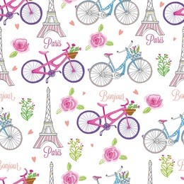  paris by bike, france, street lights from the eiffel tower, seamless vector, pattern 