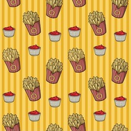 french fries and tomato ketchup seamless pattern, vector illustration