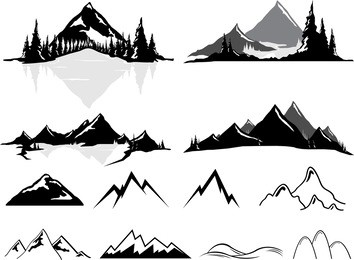 vector illustrations of mountains and hills, some realistic, some stylized. all objects can be un-grouped and easily moved around. if you want to move or copy an element it is very easy to do so.