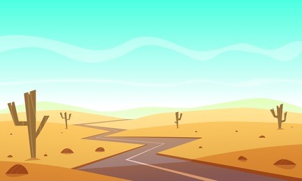 desert landscape with asphalt road, cartoon vector illustration.