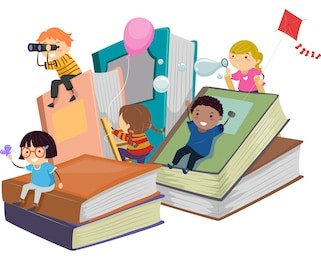 stickman illustration of kids playing near giant books
