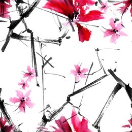 sakura flower. watercolor and ink illustration in style sumi-e, u-sin. oriental traditional painting.  seamless pattern. 