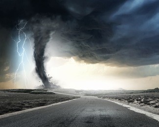 black tornado funnel and lightning on road
