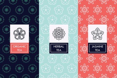lovely vector linear floral themed tea labels and package patterns | thin line organic, jasmine and herbal tea background pattern set. ideal for package, wrapping paper, wallpaper and fabric design