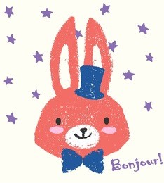fashion illustration of cute bunny with blue bow and hat drawing with chalk. crayon drawing of lovely vector character isolated on neutral colored background with pastel stars. sketch easter card