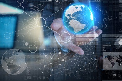 businessman hand working with modern technology and digital layer effect as business strategy concept