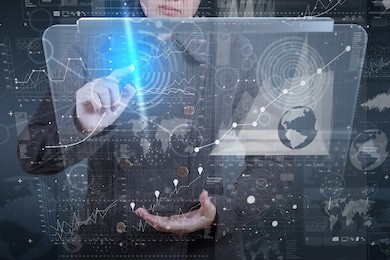 businessman hand working with modern technology and digital layer effect as business strategy concept