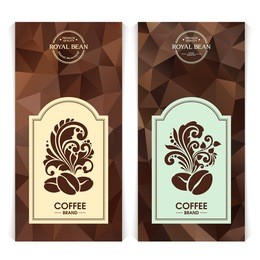 vector set of templates packaging coffee, label, banner, poster, identity, branding. abstract color background with ornamental design elements - coffee beans.