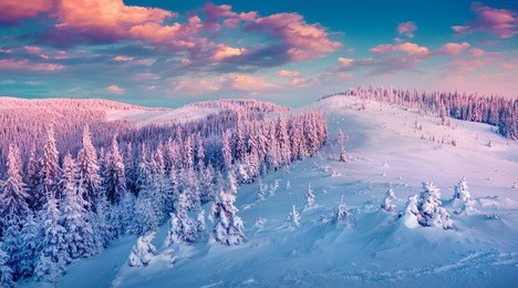 colorful winter sunrise in the carpathian mountains. gorgany ridge, ukraine, europe. instagram toning.