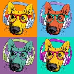 bright poster with portrait of a german shepherd with headphones and glasses in the style of pop art. vector illustration.