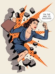 business success, businesswoman breaks the wall. retro style pop art