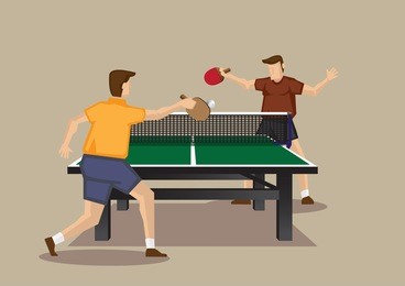 two players playing table tennis with ping pong ball and table tennis racquets. vector illustration of  table tennis game viewed from one end of table tennis table isolated on plain background.