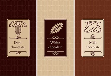 vector set of seamless pattern and labels for chocolate and cocoa packaging. 