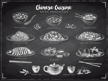 vector hand drawn illustration with chinese food. sketch. chalkboard.