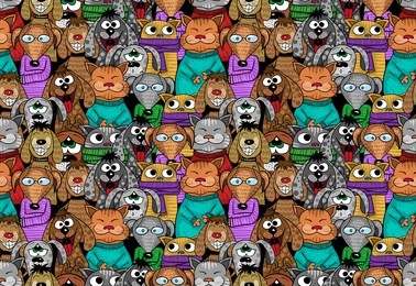 cats and dogs cartoon seamless pattern - positive comic pets. vector illustration.