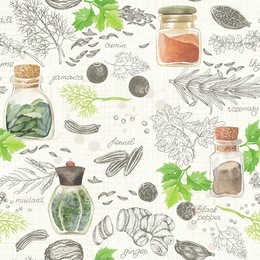 seamless kitchen background of hand-drawn and watercolor spices and herbs, vector illustration in vintage style.