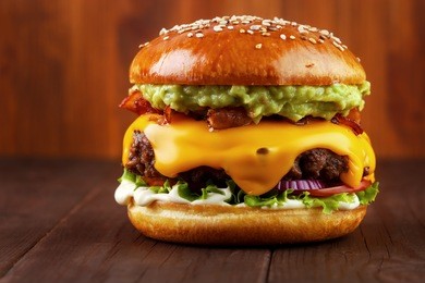 guacamole beef burger with melted cheese and bacon on wooden background