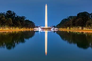 washington monument, mirrored in the reflecting pool