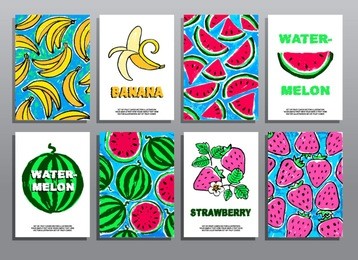 set of hand drawing summer cards with fruits and berries. organic food. healthy lifestyle. vector illustration. 