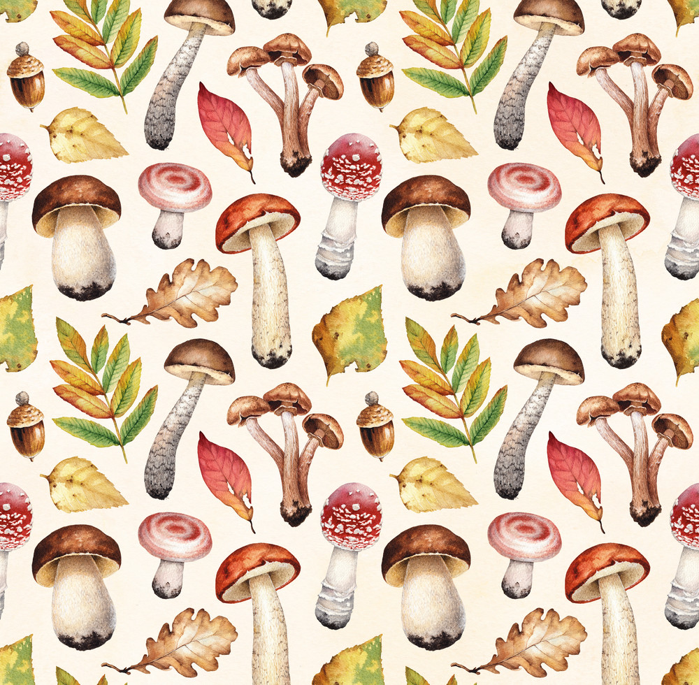 watercolor illustrations of mushrooms and leaves. seamless pattern