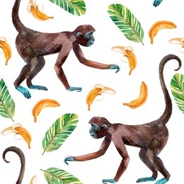 monkey and banana seamless pattern. a cute monkey and exotic fruits. watercolor hand painted illustration
