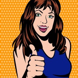 retro woman in comics style, showing thumb up