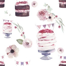 watercolor garden party vintage pattern. seamless texture with sweet berry cakes, flag garlands, flowers and bouquet on white background. bakery and floral wallpaper