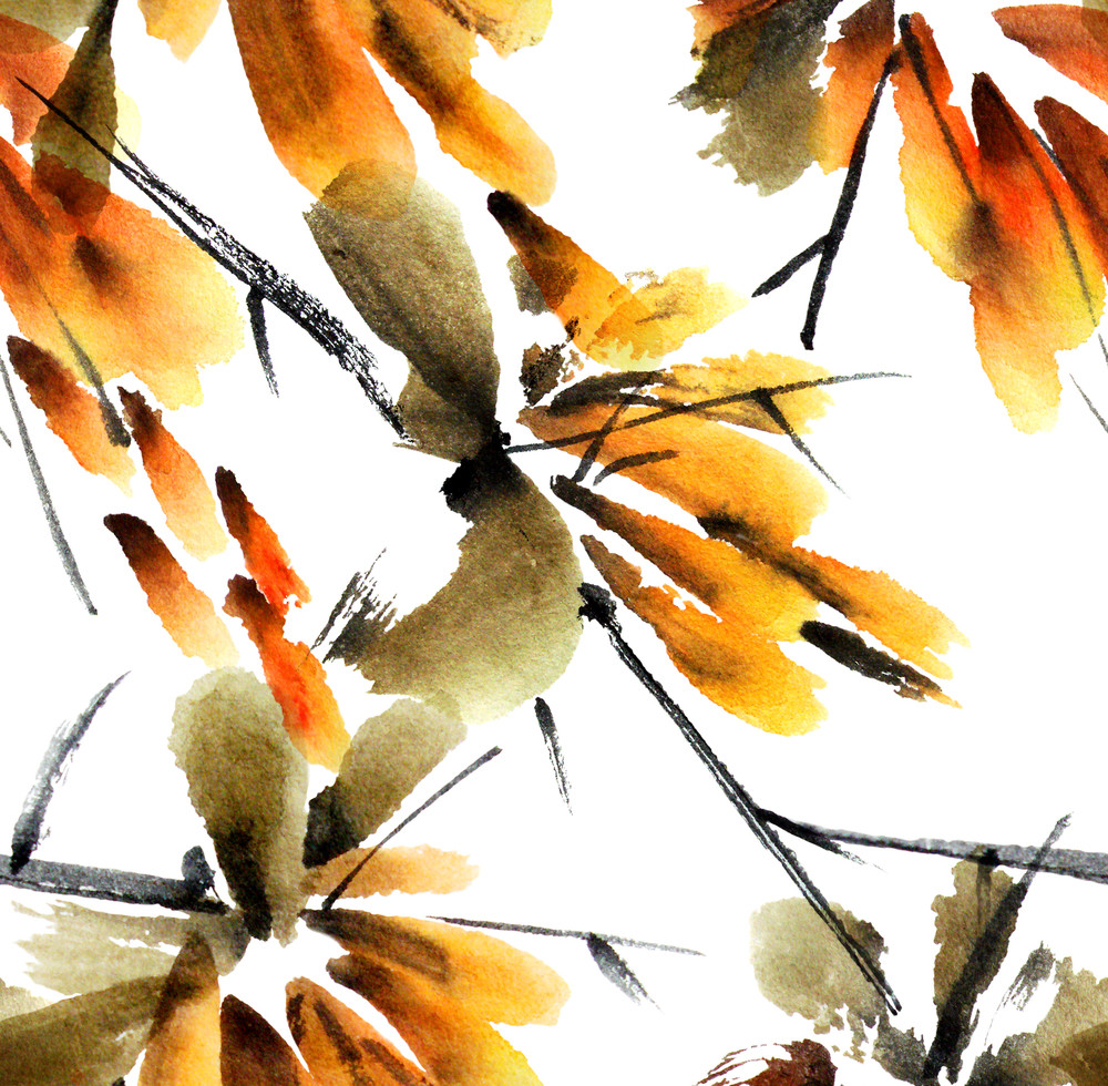 flower tree. watercolor and ink illustration in style sumi-e, u-sin. oriental traditional painting. 
seamless pattern.
