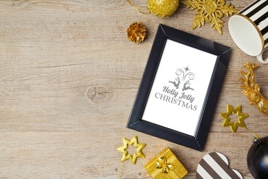 christmas background with poster mock up template and decorations. view from above