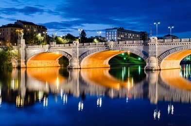 turin (torino), bridge umberto i and river po at blue hour