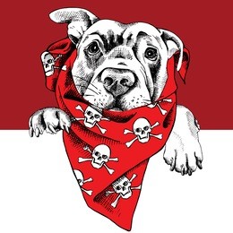 portrait of a dog labrador in red neckerchief with image of skulls. vector illustration.