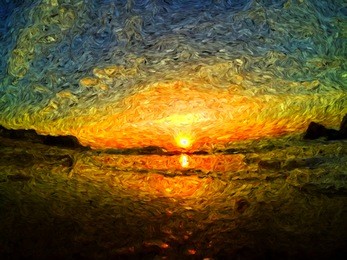 sea sunrise or sunset, clouds and sea waves, impressionism oil painting, brush drawing beautiful view landscape, sketch or van gog style, mixed styles painting, hand drawn  sea view horizon