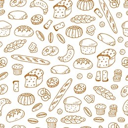 bread products. hand drawn doodles bakery - vector seamless pattern