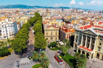aerial view over la rambla from christopher columbus monument, with quarters of el raval to the left and barri gotic to the right in barcelona, catalonia, spain