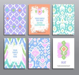 set of hand drawing cards in ikat technique. vector design templates collection. vintage style.