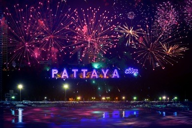 colorful fireworks on pattaya city alphabet in the night scene