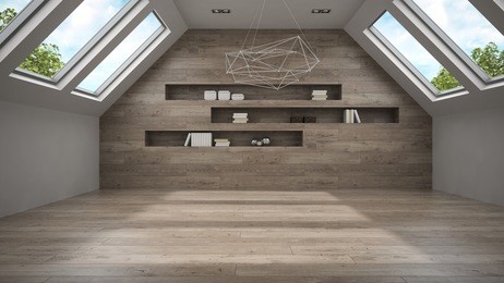 empty mansard room with shelf 3d rendering 