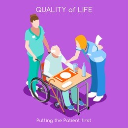 clinic hospital end of life care. patient care medical hospital elderly old patient & senior nurse & clinician doctor specialist. healthcare 3d flat wheelchair isometric people set vector