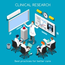 medical doctor conference translational data clinic research training. hospital workshop staff researcher clinical trial study. medicine health care meeting 3d isometric people vector infographic