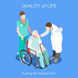 elder health care medical doctor senior patient infographic. clinic hospital patient healthcare. nurse old man patient wheelchair. medicine staff health care 3d flat isometric people nurse vector