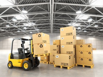 forklift truck in warehouse or storage loading cardboard boxes. 3d