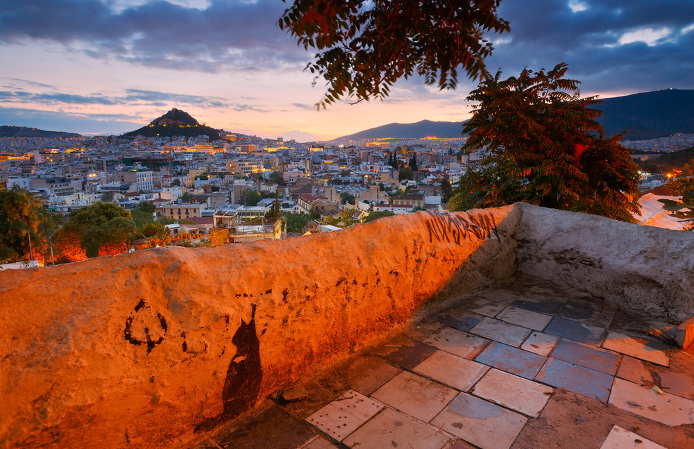 view of athens dominated by lycabettus hill. image taken from anafiotika in the old town.