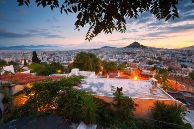 view of athens dominated by lycabettus hill. image taken from anafiotika in the old town.