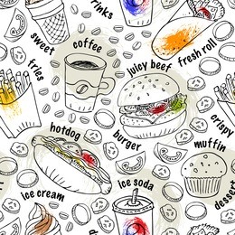 hand drawn fast food doodle seamless pattern. black and white ink illustration with pain splashes. hot dog, burger, fries, soda, coffee and dessert for menu background and web design.