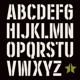 stencil-plate sanserif font in military style. bold face. white print on black background