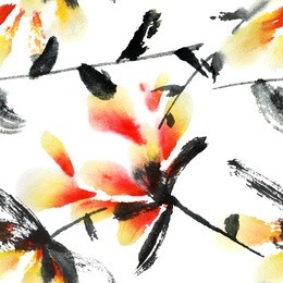 flowers and leaves. watercolor and ink illustration in style sumi-e, u-sin. oriental traditional painting. seamless pattern.

