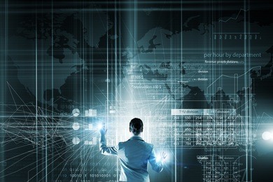 back view of businesswoman working with modern virtual technologies