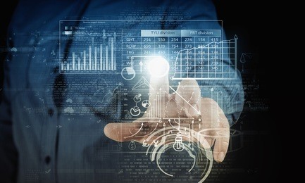 businessman hand pushing business graph on touch screen interface