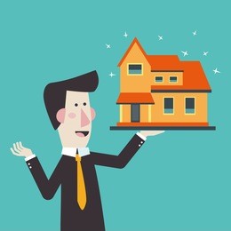 real estate broker agent presenting beautiful house for sale. investing money and financial planning vector concept. insurance, mortgages, credit card, and banking service. modern flat design