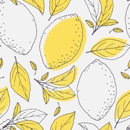 outline seamless pattern with hand drawn contoured lemon and leaves. doodle fruit background for drinks packaging or kitchen design. vector illustration